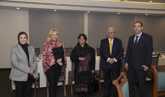 Federal Ombudsman of Pakistan H.E. Mr. Ejaz Ahmad Qureshi receives visiting delegations, (L/R standing) H.E. Ms. Ghada Hameed Habib, Ombudsman for the Ministry of Interior of the Kingdom of Bahrain, H.E.Ms. Anna Jumalieva, Chairperson of Commission for Protection Against Discrimination, Republic of Bulgaria, Mrs. Ejaz Ahmad Qureshi, H.E. Mr. Ejaz Ahmad Qureshi and H.E. Mr. Mohamed Benalilou, Mediateur du Royaume, Kingdom of Morocco.